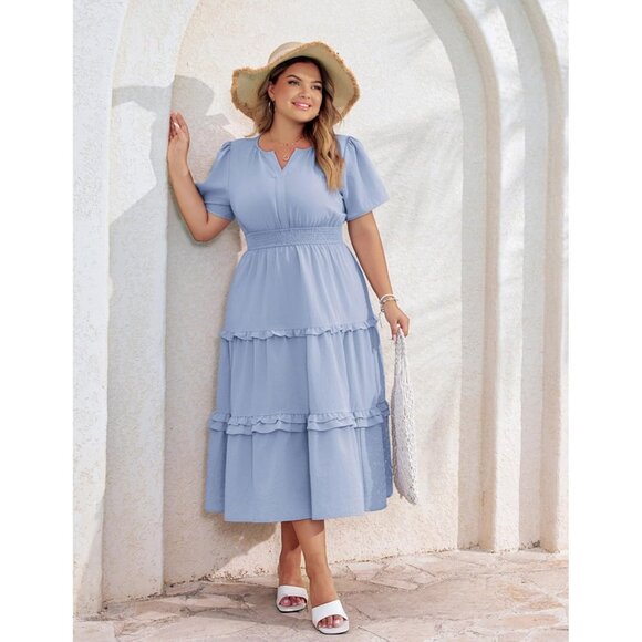Women's Plus Size Summer Casual Dress V Neck Tiered Pockets Flowy - Picture 5 of 7
